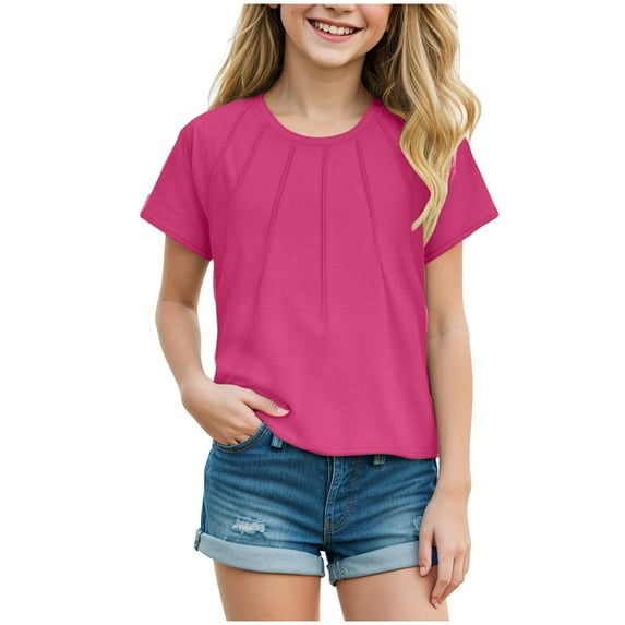 Gubotare Blouse for Girls Girls Short Sleeve Shirts Summer Cute Crewneck Blouse Tops Size 3T 4T (Hot Pink,3-4 Years)