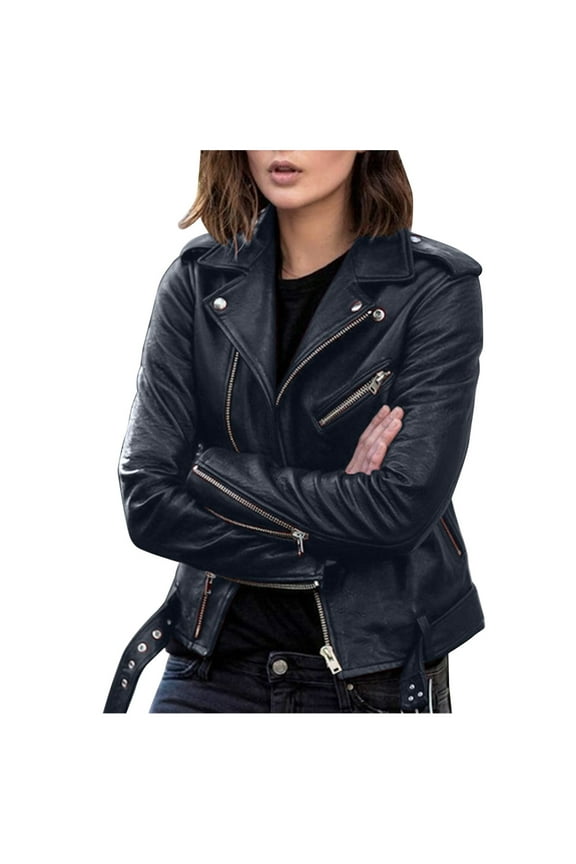 Bomber Jacket Women Plus Size Zip up Jackets for Women Casual Fall Winter Long Sleeve Cropped Open Front Cardigan Coat Moto (Navy,XXL)