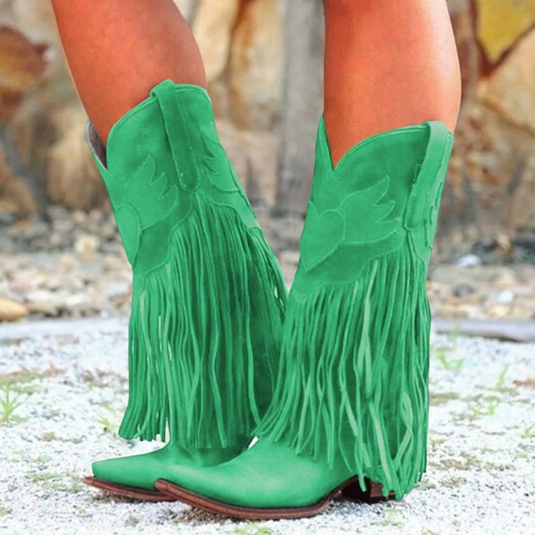 Gubotare Boots for Women With Heel Women s Cowgirl Boots Cowboy Boots Vintage Pointed Toe Women s Western Boots Cowgirl Boots Mid Calf Boots Green 8.5 Walmart