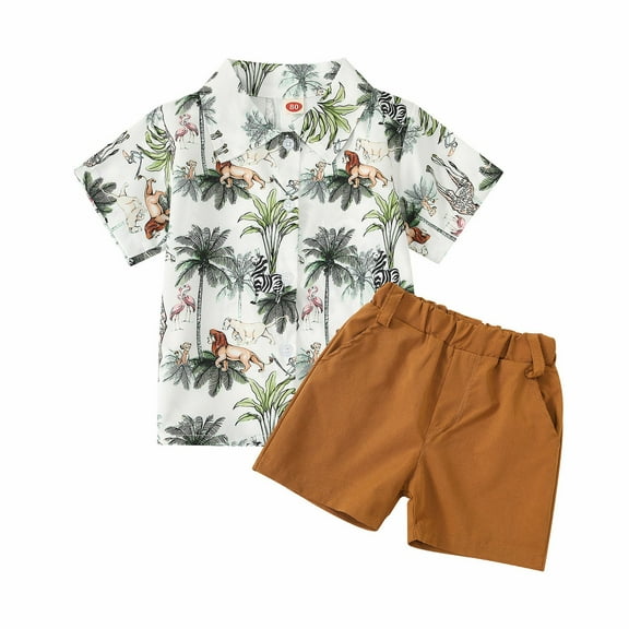Gubotare Boy Hawaii Shirt Set Toddler Baby Boy Summer Outfit Short Sleeve Print Button Down Shirt Top and Casual Shorts Set Cute Clothes (Brown,Size 18-24 Months)