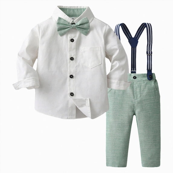 Gubotare Boys Clothes Set Toddler Gentlemen Wedding Suit Long Sleeve Bowtie Formal Dress Shirts Suspenders Pants Outfits (Green, 8-9 Years )