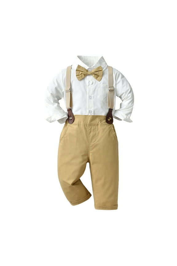 Boys Gentleman Outfit Baby Toddler Boy Formal Gentleman Suits,Dress Shirt With Bowtie+Suspender Pants Dressy Outfit 4T 5T,(Khaki 4-5 Years)