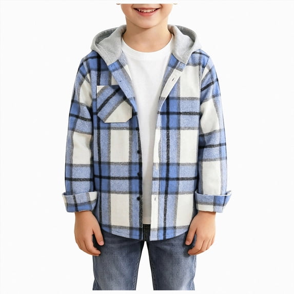 Gubotare Boys Girls Casual Flannel Plaid Hoodies Fall Fashion Button Down Shirts Long Sleeve Cute Lightweight Jacket Coats (Blue, 5-6 Years)