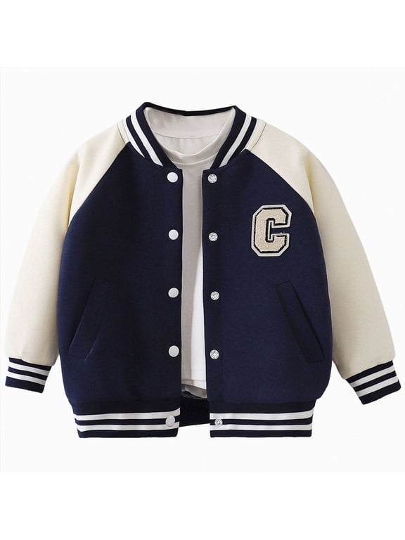 Boys Girls Letterman Jacket, Kids Varsity Bomber Jacket, Lightweight Baseball Jackets Button Down Coat School Outwear 1-10T Dark Blue,Size 9-10 Years