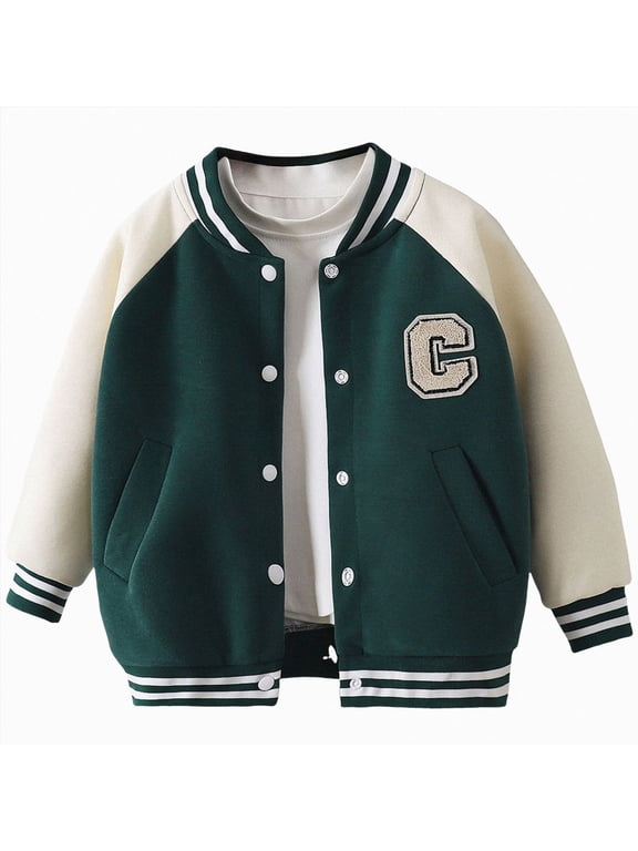 Boys Girls Letterman Jacket, Kids Varsity Bomber Jacket, Lightweight Baseball Jackets Button Down Coat School Outwear 1-10T Green,Size 7-8 Years