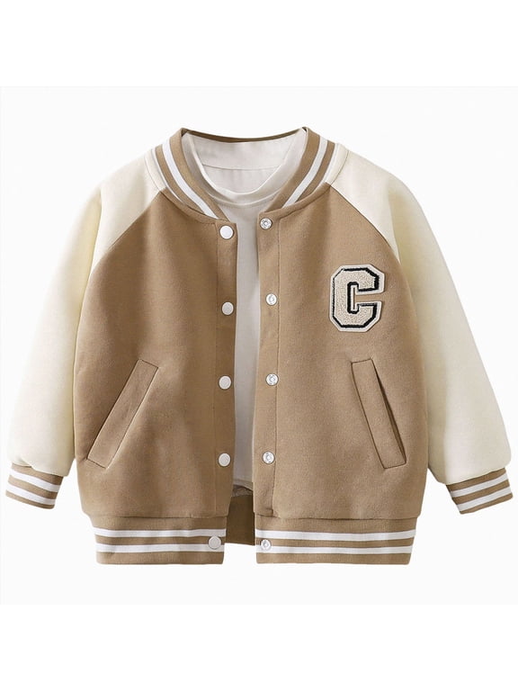 Boys Girls Letterman Jacket, Kids Varsity Bomber Jacket, Lightweight Baseball Jackets Button Down Coat School Outwear 1-10T Khaki,Size 7-8 Years