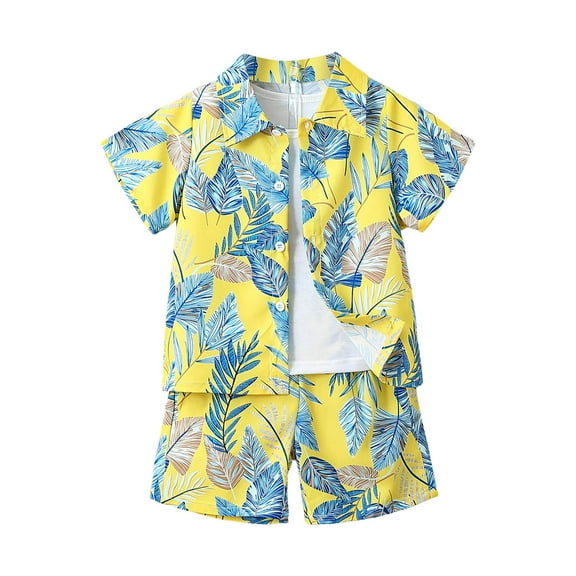 Gubotare Boys Hawaiian Shirt and Shorts Set Baby Boy Summer Clothes Cute Letter Print Short Sleeve Button Down Shirt and Shorts Set Toddler Summer Outfits for boys (Yellow,Size 5-6 Years)