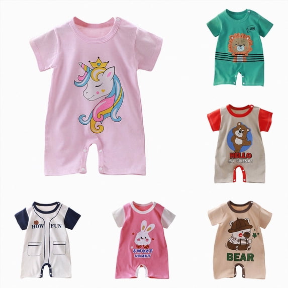 Gubotare Boys Onesie Summer Thin Male And Female Cartoon Pattern Home Short Sleeved Romper Relax Fit One-Piece Clothing(Green,3-6 Months)