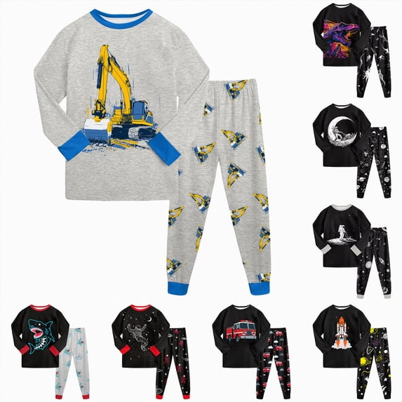 Gubotare Boys Pajamas 100% Cotton Truck Pjs Toddler 2 Piece Sleepwear Kids Winter Clothes Set 3t-10t Light Gray,Size 5-6 Years