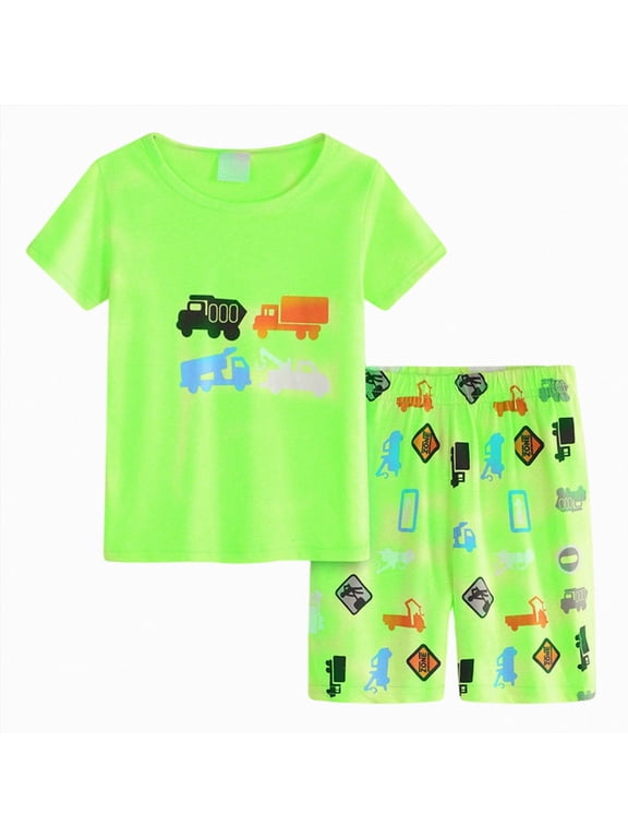 Boys Pajamas Summer Boys Pajamas Sets 2 Piece Soft Sleepwear Loose T-Shirts with Shorts Pj Set Summer Lounge Wear for Kids 5T 6T (Light Green,5-6 Years)