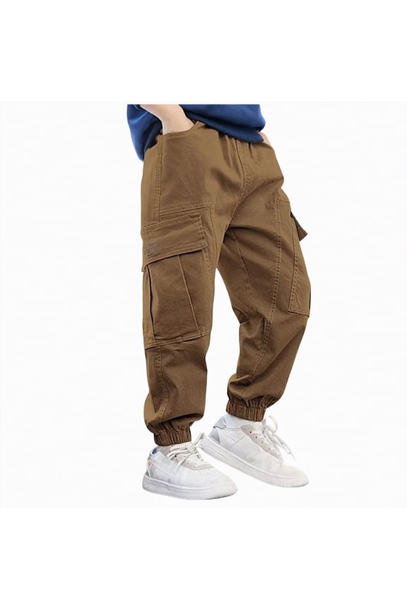 Boys Pants Youth Boys Teenage Trendy Casual Straight-Leg Cargo Pants Large Pockets Size 13-14 (Brown,13-14 Years)