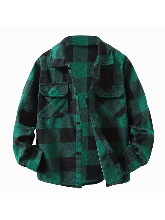Boys Plaid Flannel Shirts Long Sleeve Button-Down Cotton Western Cowboy Shirt for 6-15 Years (Dark Green, 7-8 Years)