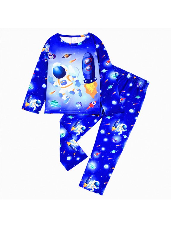 Boys Planet Pajamas Sets 100% Cotton Pjs Toddler 2 Piece Long Sleeve Sleepwear Kids Clothes Sets Dinosaur Shirts (Sky Blue, 6-7 Years)