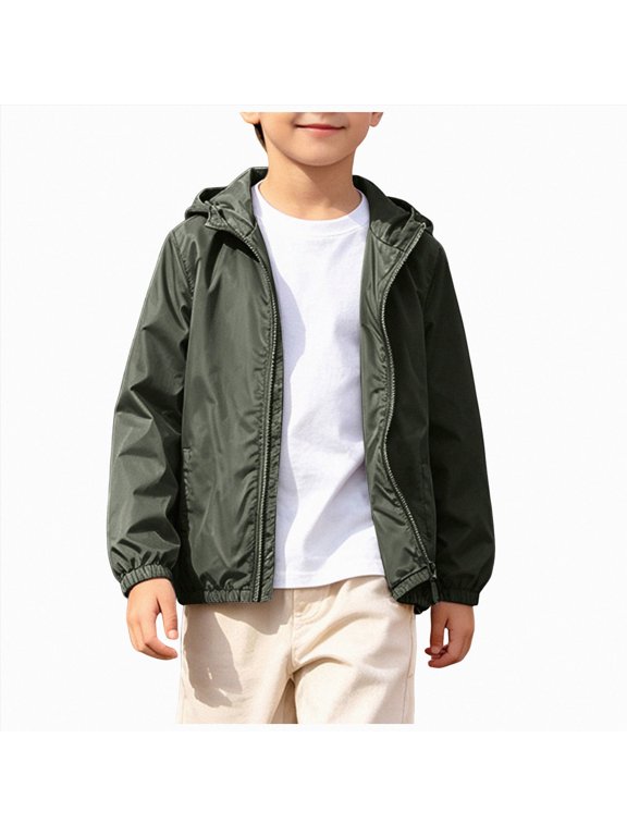 Boys Rain Jacket Big Boys Lightweight Windproof Hooded Cardigan Jacket Olive Black Grey 5-16 Years (AG,7-8 Years)