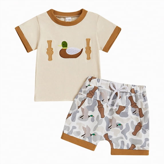 Gubotare Boys Summer Clothes Set Toddler Baby Boy Summer Clothes T-Shirt Elastic Waist Pockets Shorts Set 2 Piece Outfit 12 18 Months (Beige,12-18 Months)