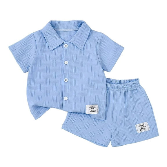 Gubotare Boys Summer Outfits Boy's 2 Piece Outfits Color Block Print Short Sleeve Button Down Shirt and Shorts Set (Sky Blue,Size 9-12 Months)