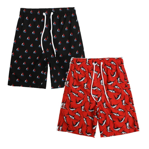 Gubotare Boys Swim Shorts Kids Swim Trunks Boys Swimwear Summer Toddler Beach Board Shorts Bathing Suit 2 Pack 5T 7T 8T 10T 14T,Black/Red 8-9 Years