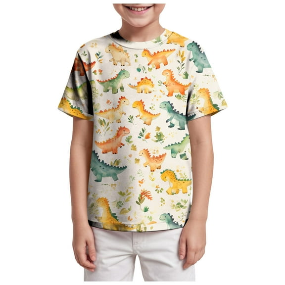 Gubotare Boys Undershirts Boys Girls T-Shirts 3D Dinosaur Graphic Shirts Kids Neon Short Sleeve Glow Tees Animal Dinosaur Print Tees Size 8-9 Years (Beige,8-9 Years)