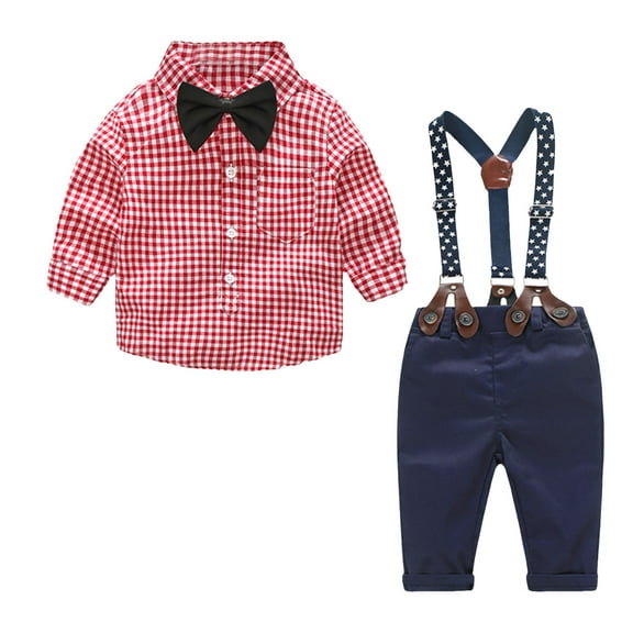 Gubotare Boys Wedding Outfit Toddler Baby Boy Clothes Suit Gentleman Wedding Outfits Formal Dress Shirt/Bowtie/Vest/Suspender Pants 18 24 Months,(Red 18-24 Months)