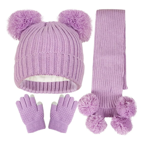Gubotare Boys Winter Hat and Gloves Kids Winter Hat Gloves Scarf Set, Girls Toddler Children Beanie with Pom Knit Neck Warmer Gaiter Mittens Fleece Lined Set (Purple,One Size)