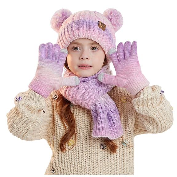 Gubotare Boys Winter Hat and Gloves Set Kids Winter Pom Beanie Hat Scarf Gloves Set,Toddler Girls Boys Warm Knitted Fleece Lining Woollen Cap (Purple,One Size)
