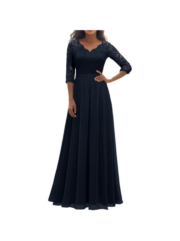 Bride Groom Mother Dresses Lace Appliques Mother of the Bride Dress 3/4 Sleeves A line Tea Length Chiffon Formal Wedding Party Prom Gowns for Women,Blue S