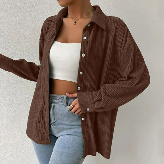 Gubotare Button Down Shirts for Women Long Sleeve Dressy Casual Blouses Winter Tops (Coffee,M)