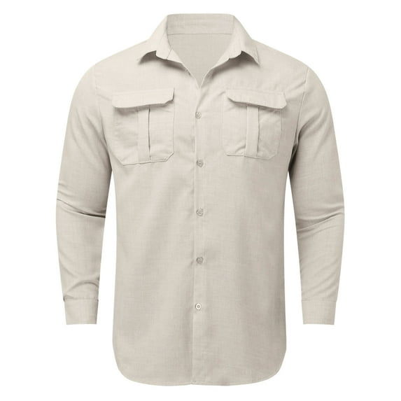 Gubotare Button Up Shirt Men Button Lapel Cotton Solid Color Pocket Long Sleeve Shirt Top (Beige, XXXL)