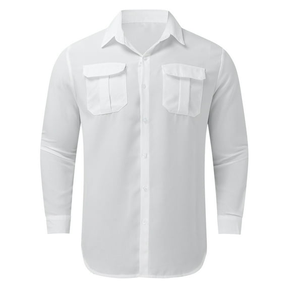Gubotare Button Up Shirt Men Button Lapel Cotton Solid Color Pocket Long Sleeve Shirt Top (White, L)