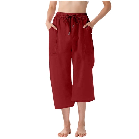 Gubotare Capris Pants for Girls Summer Casual Loose Cotton Linen Straight Wide Leg Drawstring Elastic Waist Solid Cropped Pant (Red,Size 12-13 Years)