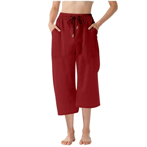 Gubotare Capris Pants for Girls Summer Casual Loose Cotton Linen Straight Wide Leg Drawstring Elastic Waist Solid Cropped Pant (Red,Size 8-9 Years)