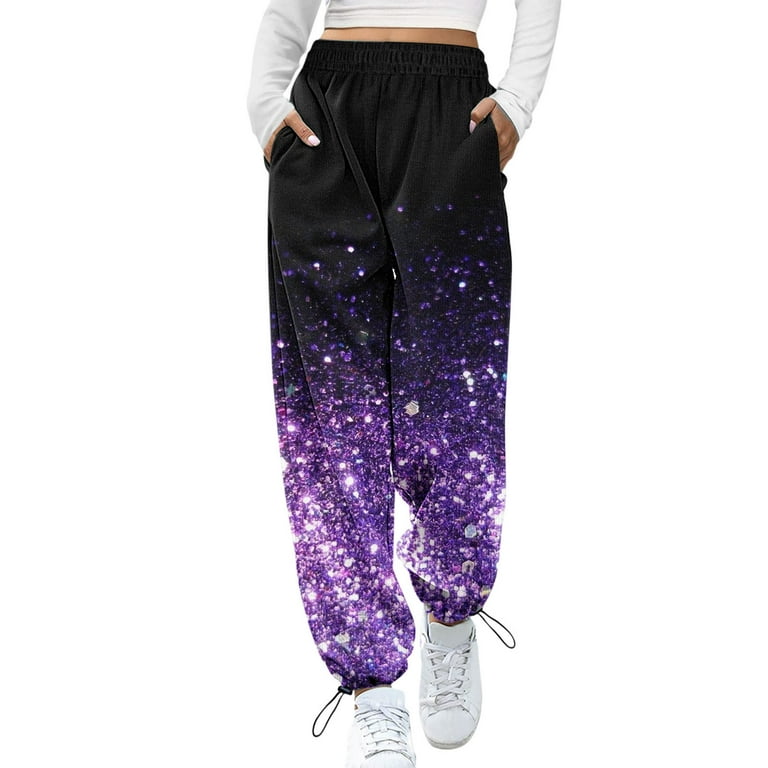 Gubotare Cargo Pants Women Women s Warm Sherpa Lined Sweatpants Drawstring Jogger Pants with Pockets Purple L