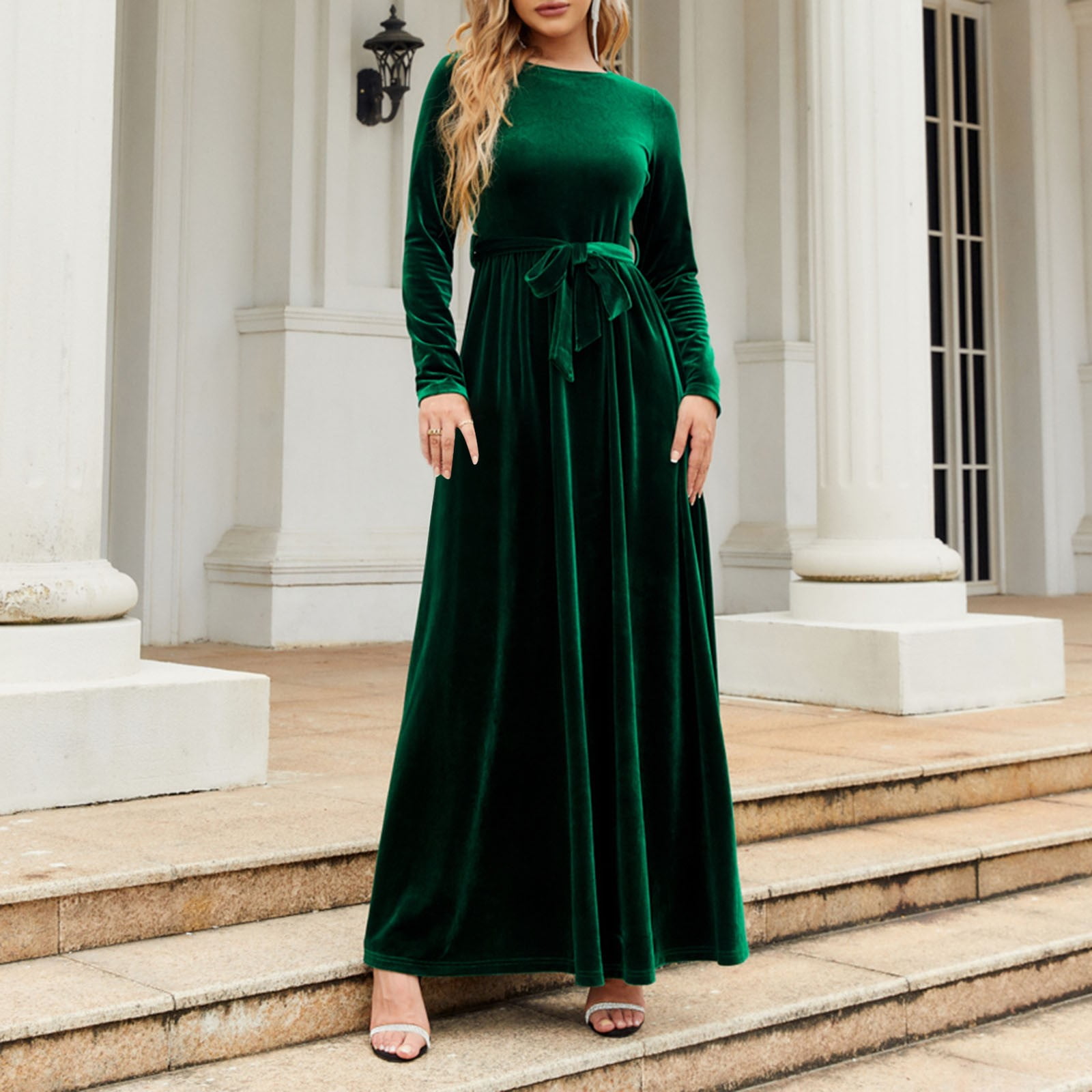  Women's Casual Plaid Long Sleeve Empire Waist Dress Elegant  Full Length Maxi Dresses Cocktail Evening Party Dress : Sports & Outdoors