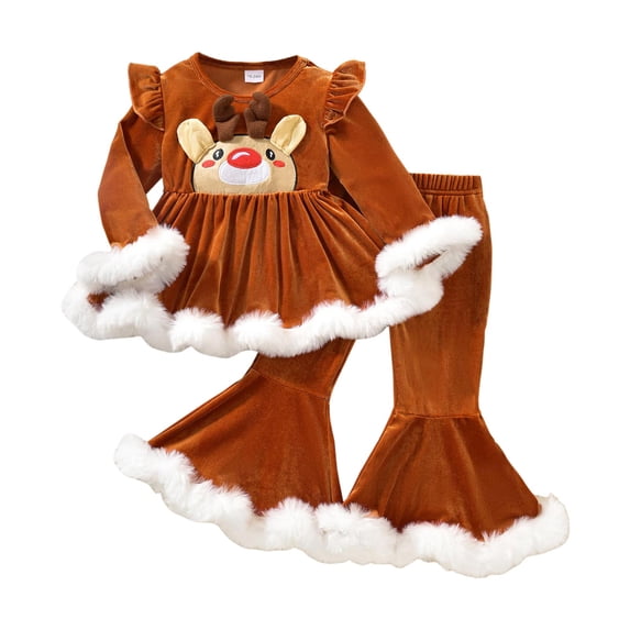 Gubotare Christmas Dress Baby Girl Outfit Toddler Girl Clothes Tops and Jeans Pant Sets Cute Girls Outfits for Fall Winter 12 18 Months (Brown,12-18 Months)