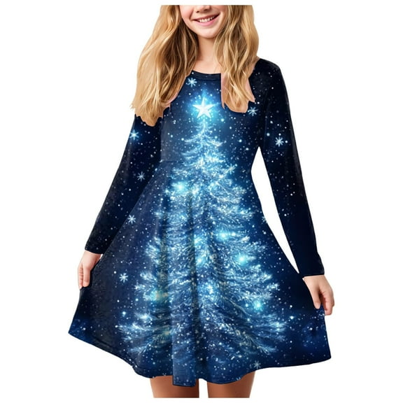 Gubotare Christmas Dress Teen Teen Girls Long Sleeve Dress Autuman Floal Shirt Dresses Size 13-14(Blue,13-14 Years)