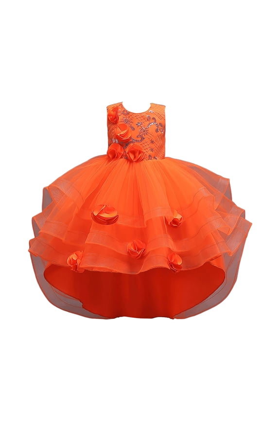 Christmas Dress Toddler Long Sleeve Flower Girl Dresses Tiered Tulle Wedding Princess Pageant Dress Girls Long Party Ball Gown Size 5T 6T(Orange,5-6 Years)