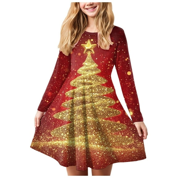 Gubotare Christmas Dress Tween Girl Tween Girl Chrismtas Dress Velvet Stars Tulle Patchwork Party Dresses Kids Girls Fall Winter Warm Outfit Clothes Size 9-10(Red,9-10 Years)