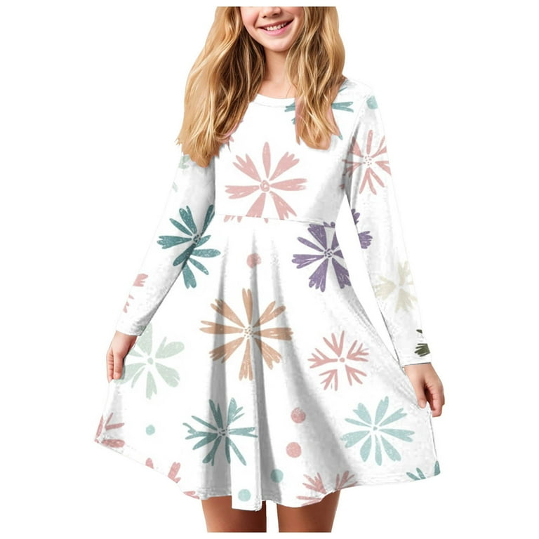Gubotare Christmas Dresses for Girls Girls Long Sleeve Dresses Kids Fall Formal Dresses Size 17-18(White,17-18 Years)