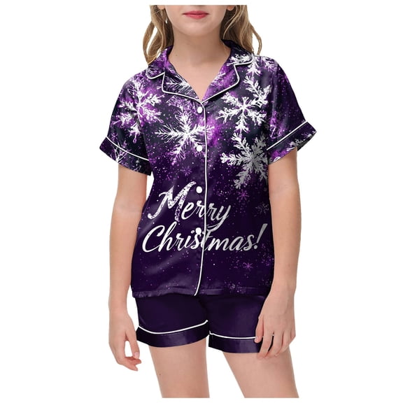 Gubotare Christmas Pajamas Baby First Christmas Big Girls Summer Short Sleeve Pajama Sets Cute Cat Patterns Sleepwear Nighty Size 2t 3t (Purple,2-3 Years)