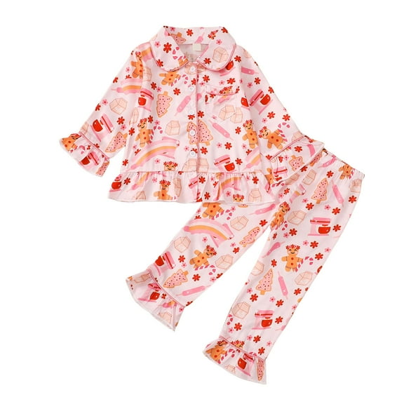 Gubotare Christmas Pajamas Baby Girl Toddler Kids Baby Girl Solid Pjs Ruffle Long Sleeve Button Down Shirt Top and Pants 2Piece Pajamas Set Size 3t 4t (Orange,3-4 Years)
