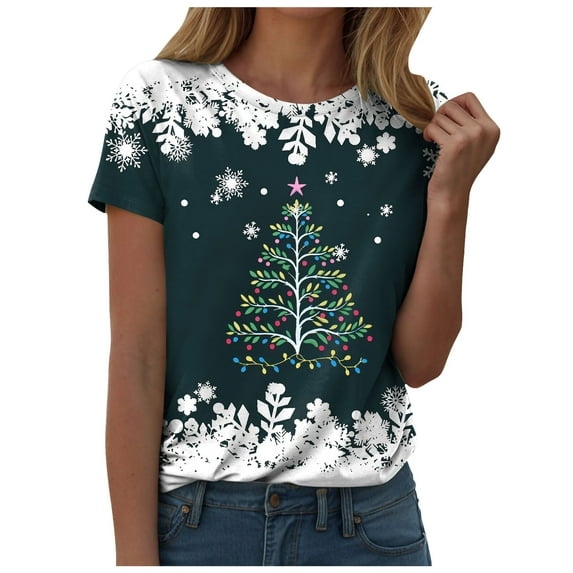 Gubotare Christmas Shirts for Women Casual Short Sleeve Funny Graphic Print T-Shirts Loose Fit Holiday Clothes Christmas Blouses for Women (Dark Green,M)