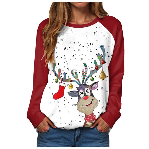 Gubotare Christmas Sweaters For Women 2025 Long Sleeve Xmas Graphic Tee Shirts Loose Casual Crew Neck Sweatshirt Holiday Tops Women's Christmas Tops (Red,3XL)