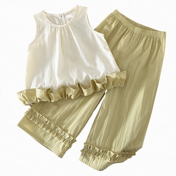 Gubotare Clothing Baby Toddler Girls 2-Piece Outfits Ruffle Sleeve Tee & Elastic Waist Pants Kids Summer Clothing Set 3T 4T (Beige,3-4 Years)
