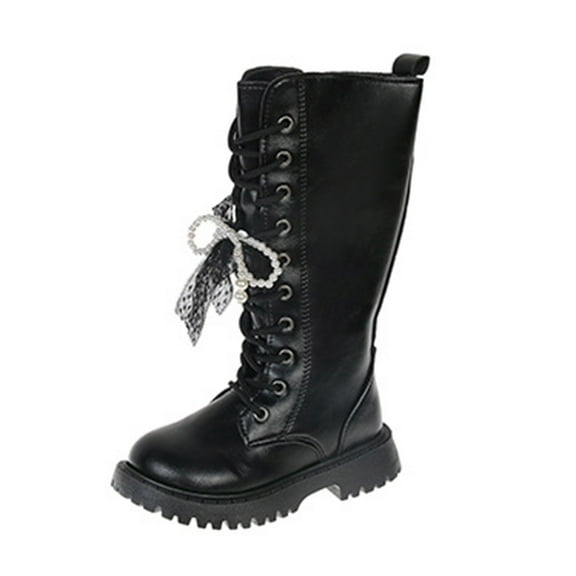 Gubotare Combat Boots for Girls Girls Lace Up Riding Boots Mid Calf Combat Boots Leather Side Zipper Boot Waterproof Fall Winter Boot Size 3.5 (Black,Big Kids 3.5)