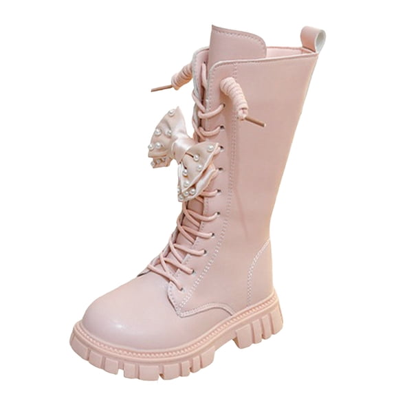 Gubotare Combat Boots Girls Girls Lace Up Riding Boots Mid Calf Combat Boots Fashion Waterproof Leather Side Zipper Boot Size 3 (Pink,Big Kids 3)
