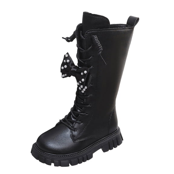 Gubotare Combat Boots Kids Girls Lace Up Riding Boots, Mid Calf Combat Boots Waterproof Leather Side Zipper Boot Size 2 (Black,Big Kids 2)