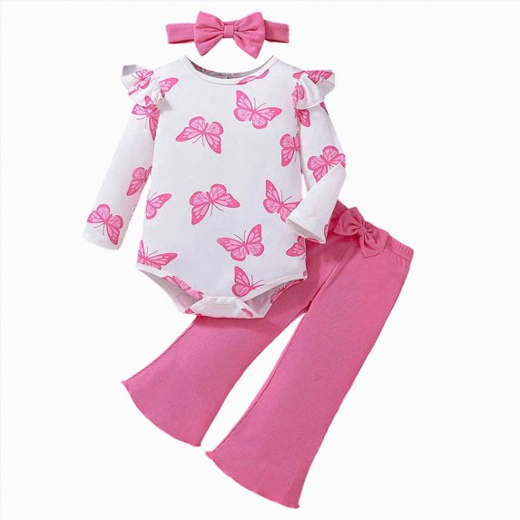 Gubotare Coming Home Outfit Girl Fall Toddler Girl Butterfly Top and Wide Leg Pants with Ruching and Belt Set Fall Winter 6 12 Months (AG,6-12 Months)