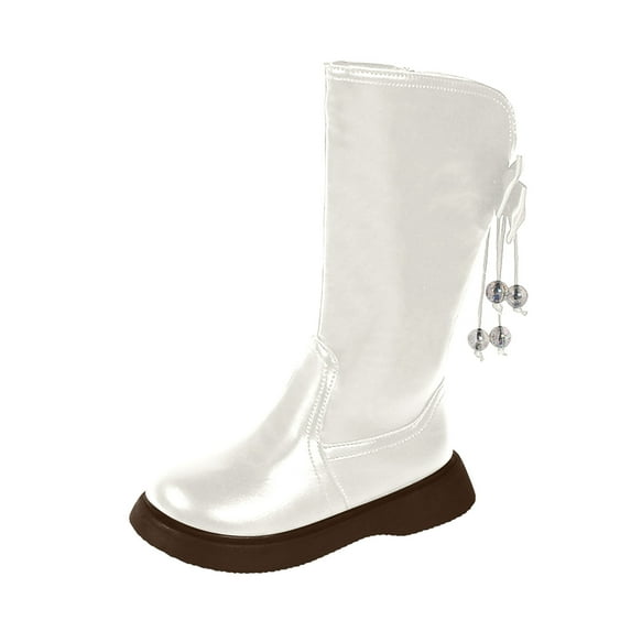 Gubotare Cowboy Boots for Girls Girls Knee High Combat Boots Lace Up Riding Boots Leather Side Zipper Boot Size 11 (Beige,Little Kids 11)