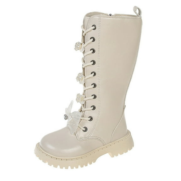 Gubotare Cowgirl Boots for Girls Girls Combat Boots Mid Calf Lace Up Riding Boots Waterproof Leather Side Zipper Boots for Kids Size 13.5 (Beige,Little Kids 13.5)