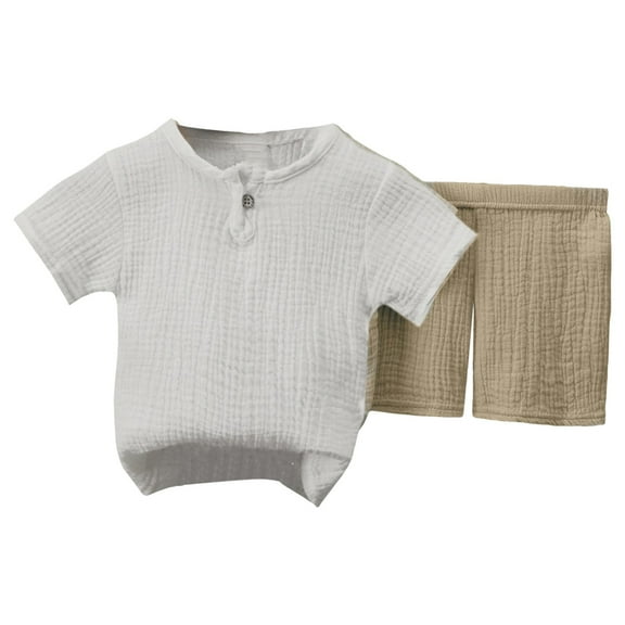 Gubotare Cute Baby Boy Outfits Summer Plain Boys Short Sleeve T-Shirt with Compression Liner Short Sets for kids 6 9 12 18 24 Months 2T 3T 4T (Khaki,Size 12-18 Months)